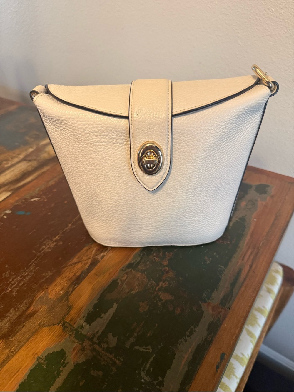 Coach Cream Pebbled Leather Crossbody with Gold Turnlock